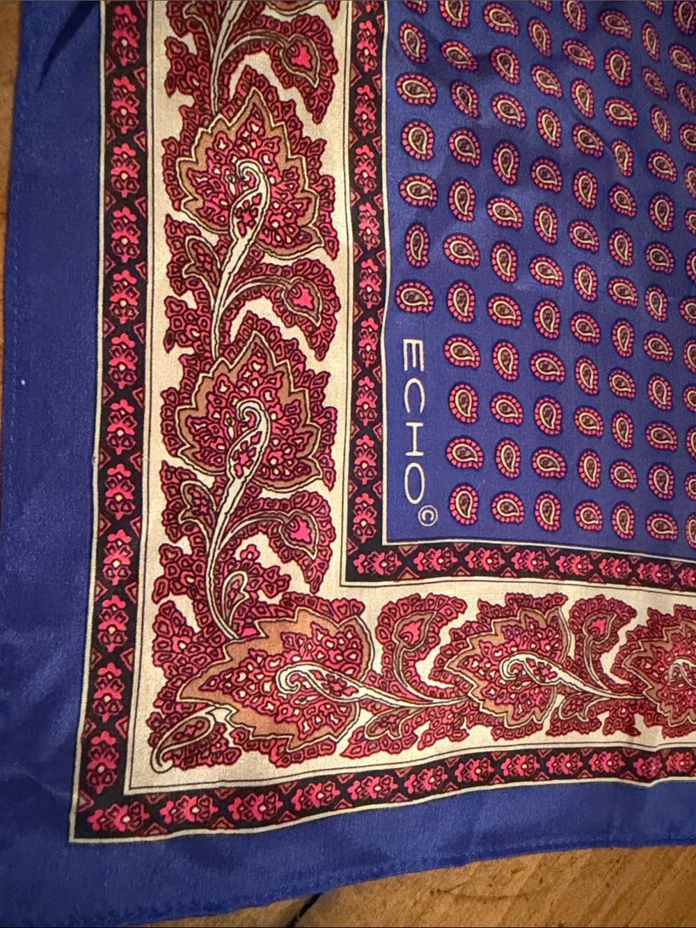 Echo Vintage Blue and Red Paisley Border Silk Scarf